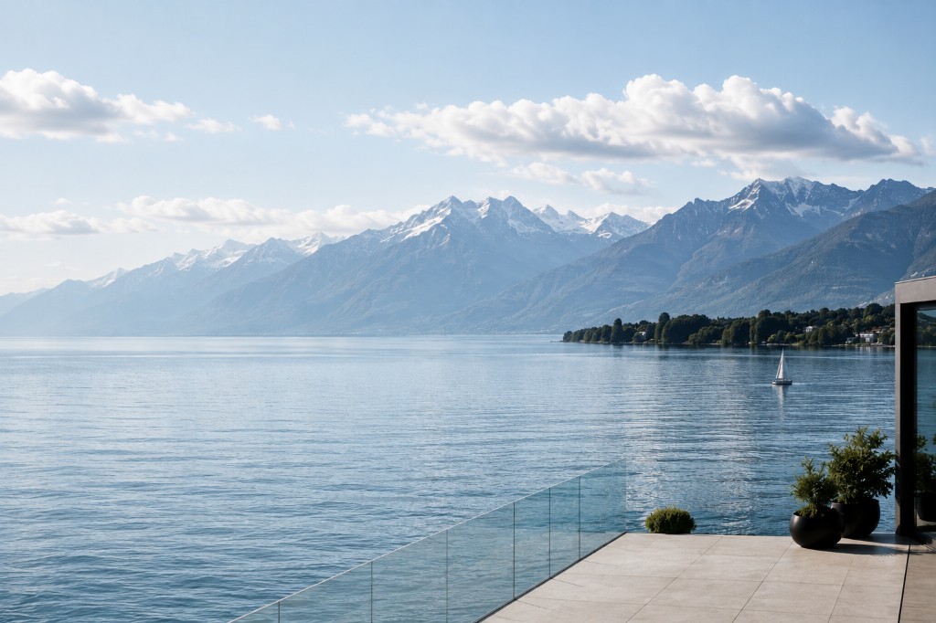Terrasse mit Blick auf einen Schweizer See und Berge, mit einem Segelboot auf dem Wasser