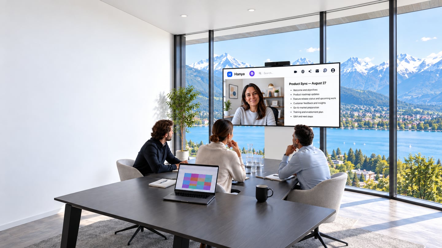 Training room overlooking a lake, with a team collaborating around a table